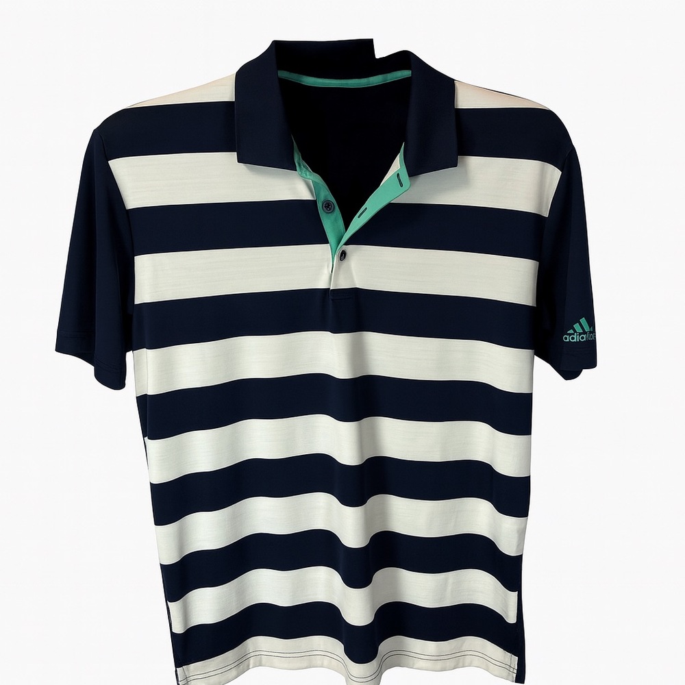 Adidas Golf Polo Men's Size Large Navy & White Striped W/Teal Logo